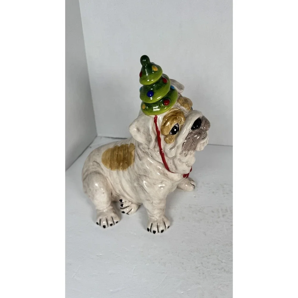 Blue Sky Clayworks Christmas Bulldog‎ Figurine w/ Tree Hat Holiday Decor Dog